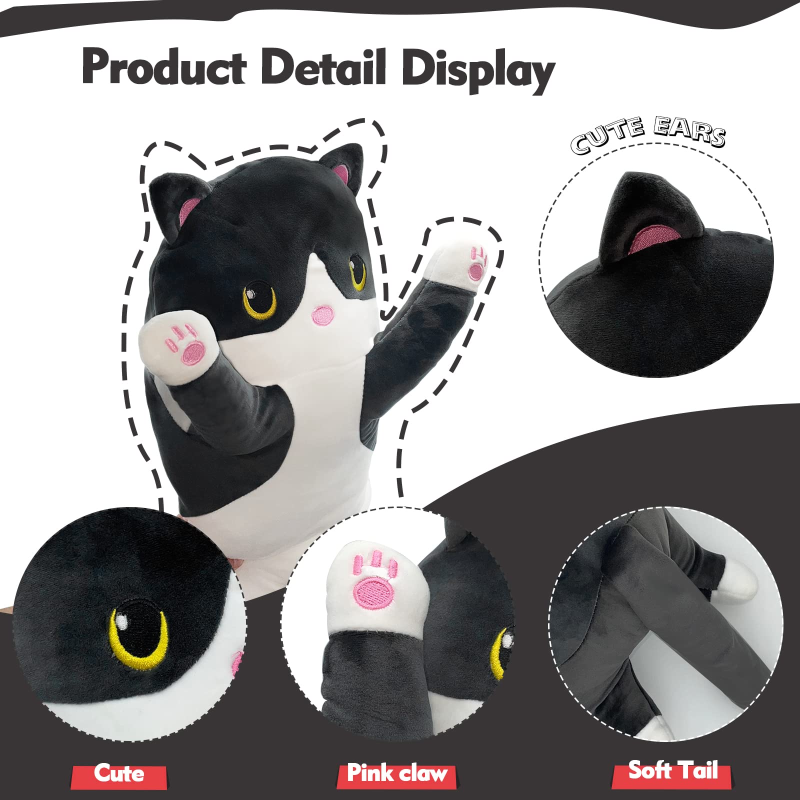 Nxnynz Long Cat Plush Pillow, 19.6In Cute Black Cat Plushie Stuffed Animals Body Pillow, Kawaii Kitten Soft Plushie Doll Toy Bir